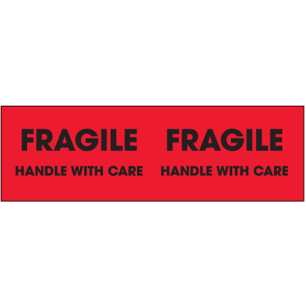 3 x 10" - "Fragile - Handle With Care" (Fluorescent Red) Labels