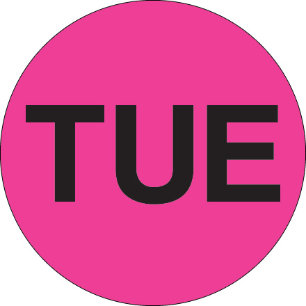 1" Circle - "TUE" (Fluorescent Pink) Days of the Week Labels